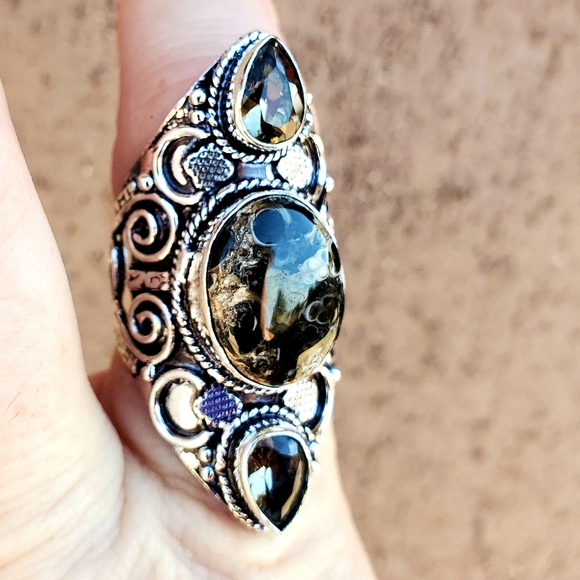 New Turtella Agate Fossil and Smoky Quartz 925 Silver Statement Ring. - Picture 3 of 7